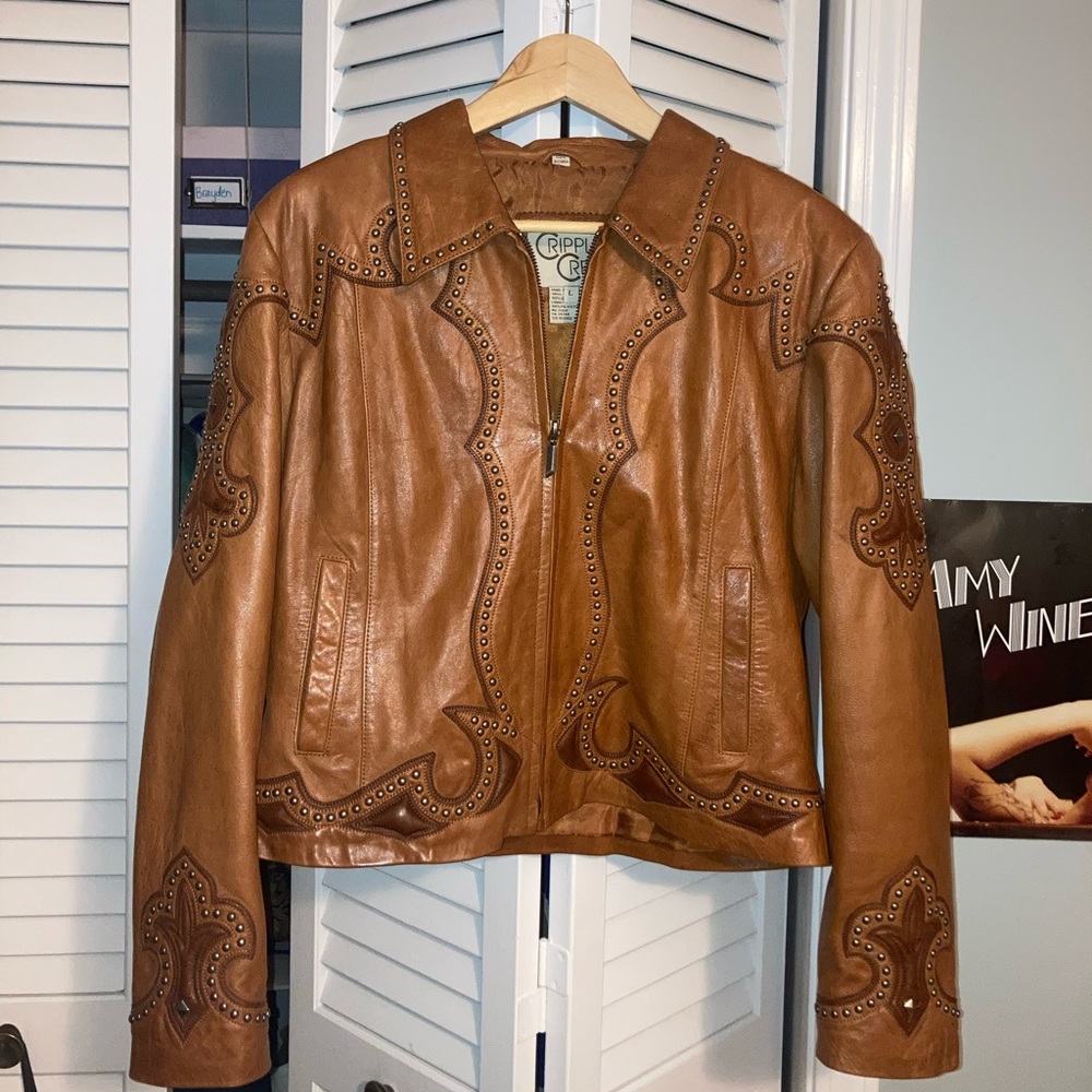 Elegant Tan Leather Jacket with Decorative Accents Cripple Creek